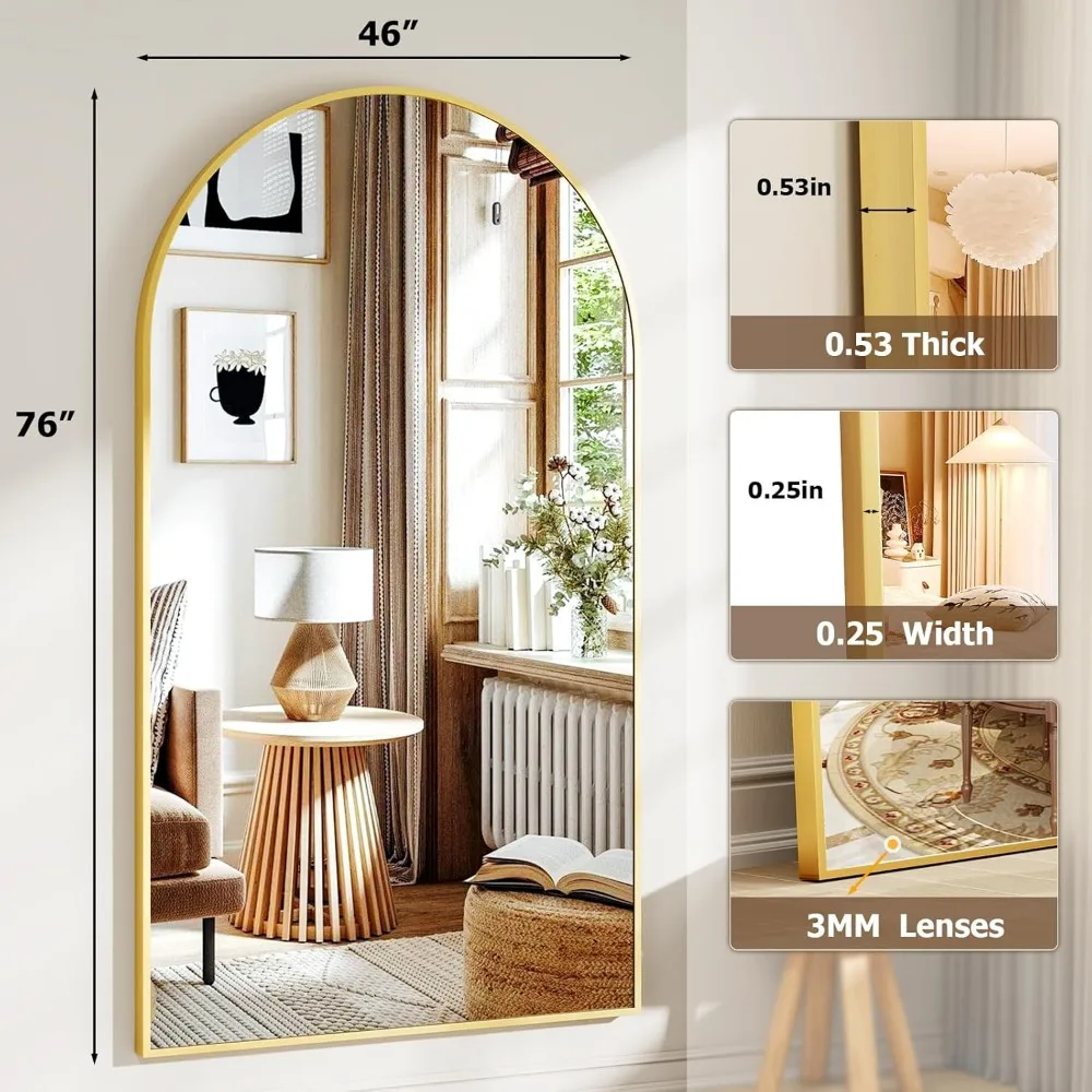 Espelho de piso arqueado de grandes dimensões, espelho autônomo ou de parede de comprimento total para sala de estar, espelho de corpo grande com suporte