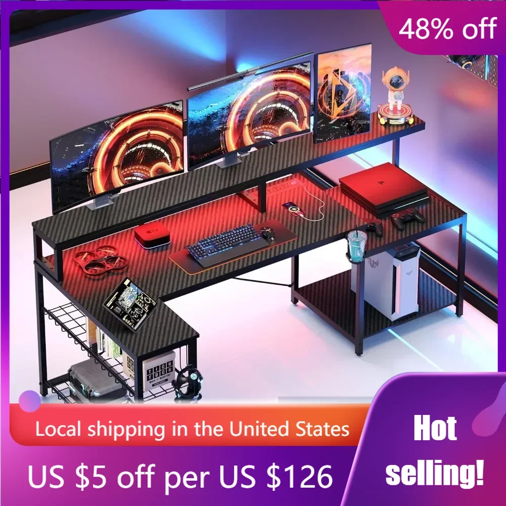 

Game table,71.5 LED computer table with long display stand,large L-shaped storage rack, cup holder headphone hook,computer table