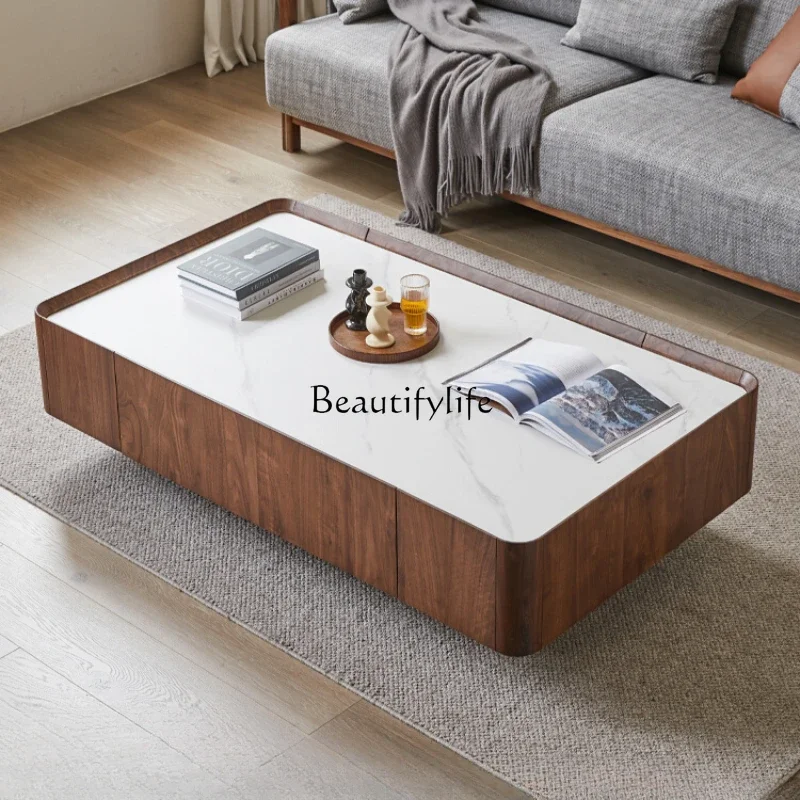 

FG40Solid Wood Coffee Table Simple Modern Living Room Stone Plate Tea Table Small Apartment Black Walnut Wooden Locker