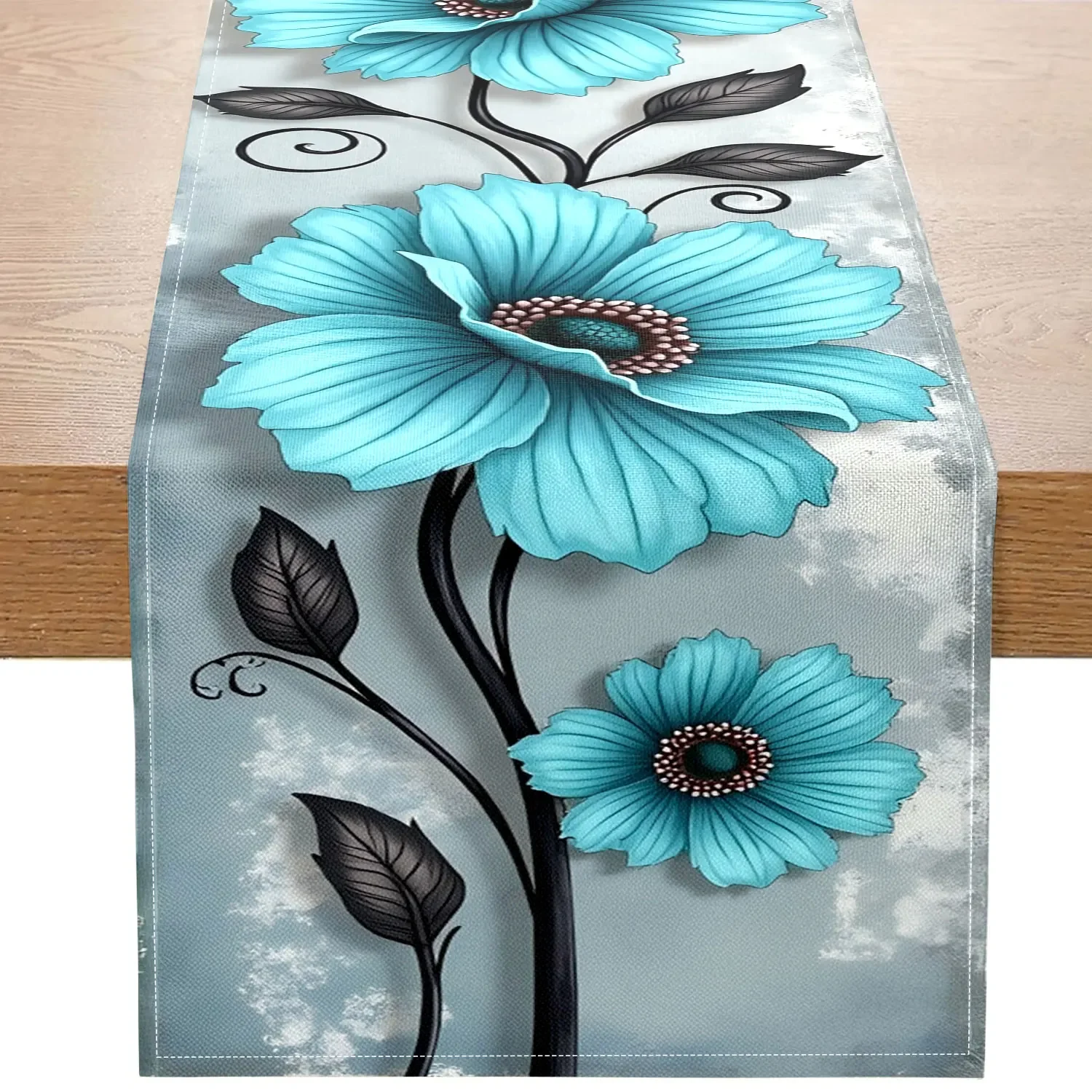 1-Tischläufer mit Blumenmotiv mit türkisfarbenem Blumen- und Blättermuster, geeignet für die Dekoration zum Thema Frühling, Gartenparty, Bohem