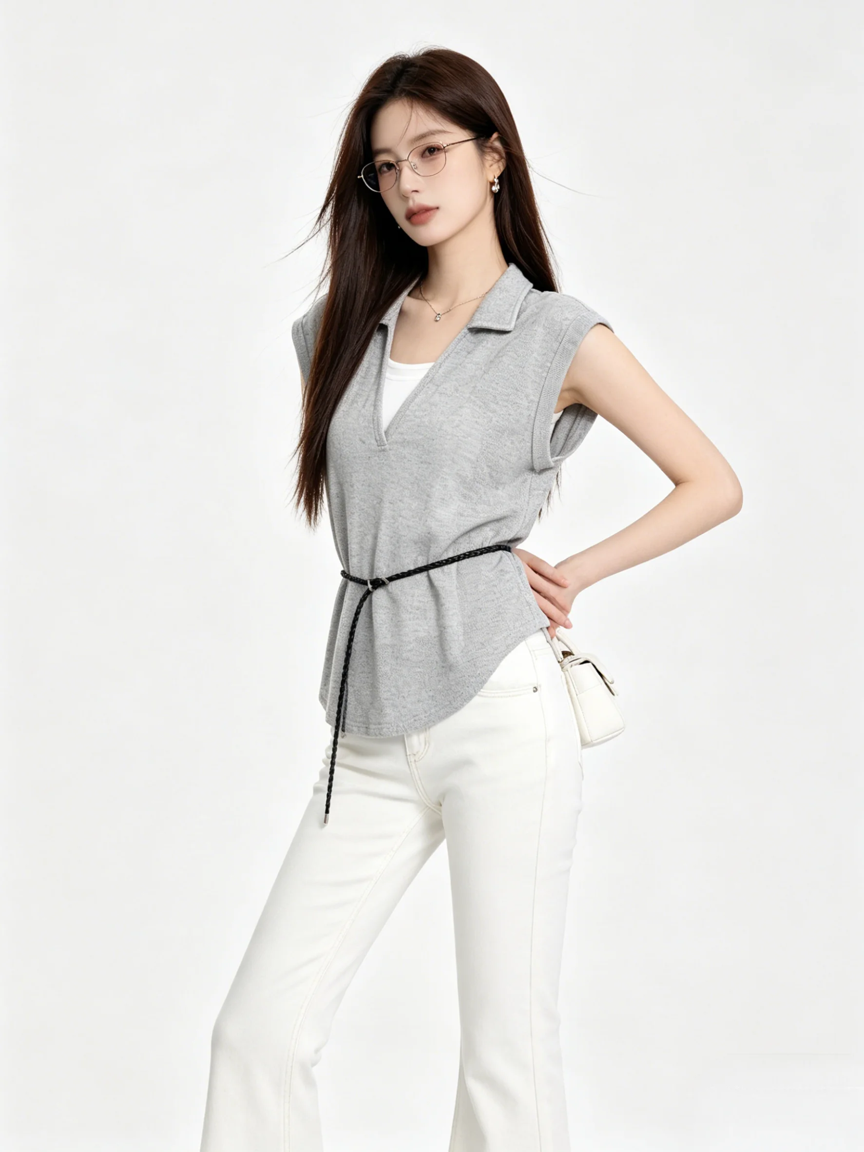 Slimming Effect Summer Casual round Neck Short Sleeve Knot Design Pure Color Two-Piece Set Korean Style Women's Fashion Set