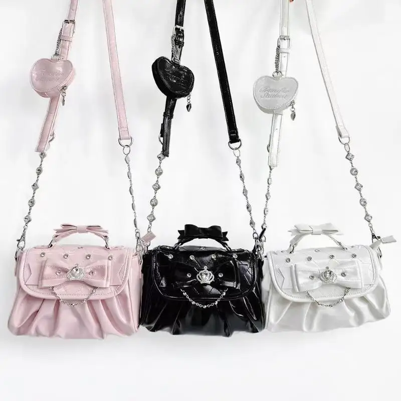 Elegante rosa Schleifen-Strass-Unterarmtasche, süße Lolita Plissee-Schultertasche, tragbare Handtasche mit Schleifengriff, niedliche Ita-Tasche – Detail 8