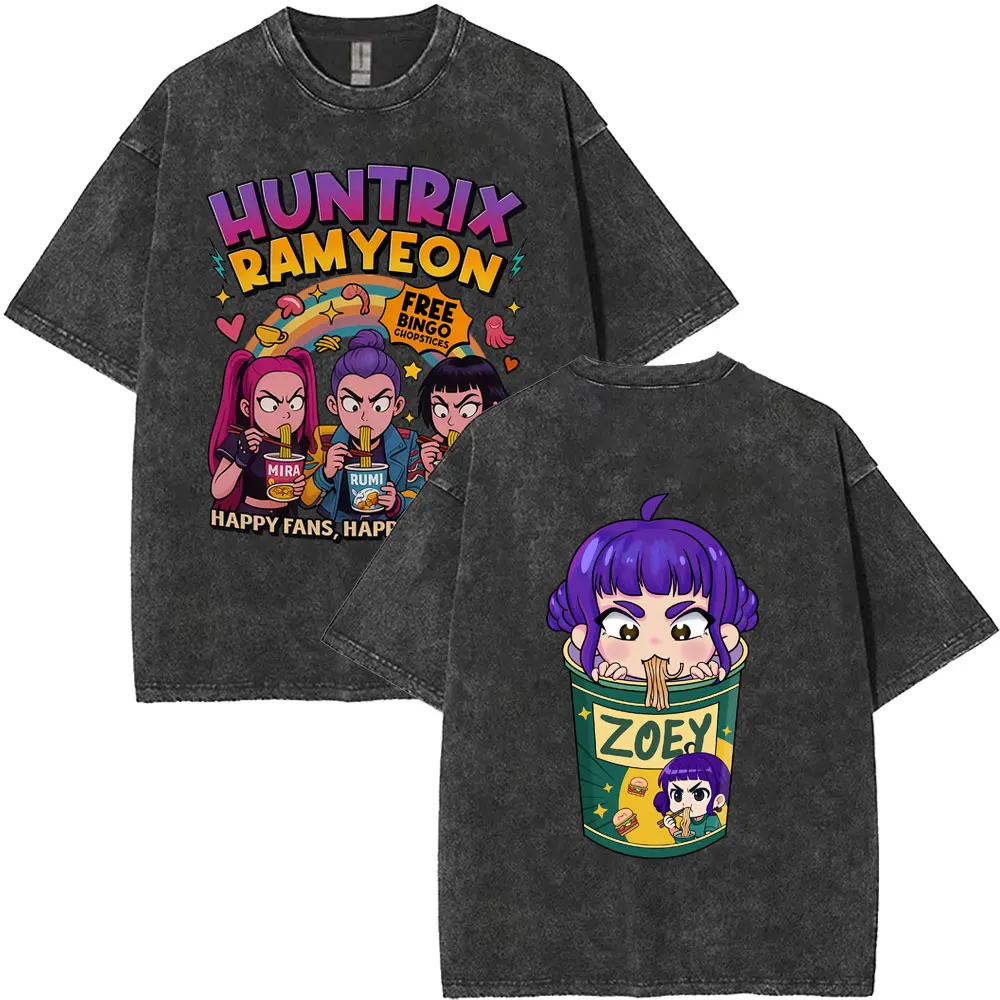 

Washed Vintage Movie KPop Demon Hunters T-shirt Cute Kawaii Rumi Mira Zoey Graphic T-shirts Men Women Casual Pure Cotton T Shirt