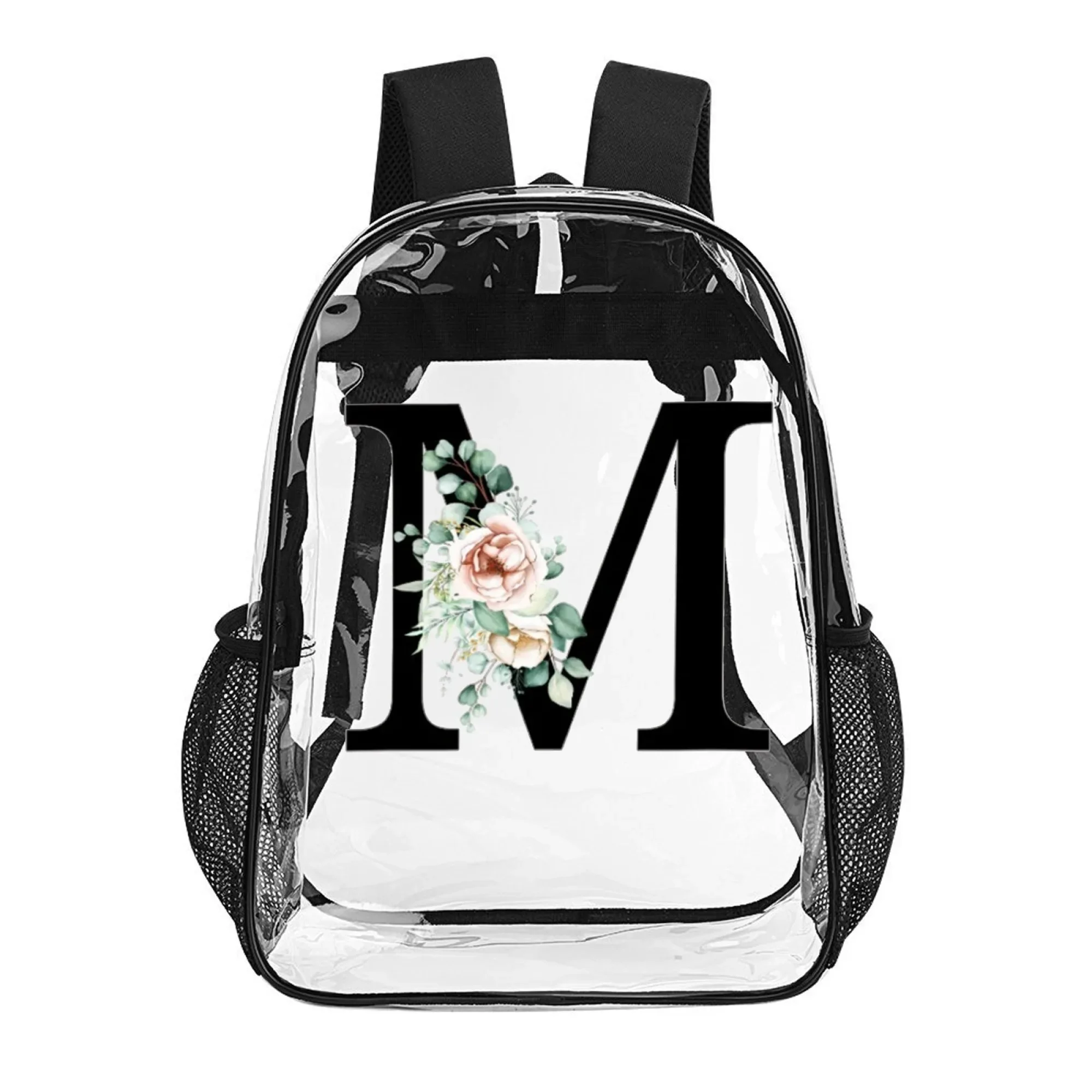 

16 in PVC Clear Backpack, Transparent Bag with M Letter Elegant Flower Design, Charming Gift for Daily Use, School Events