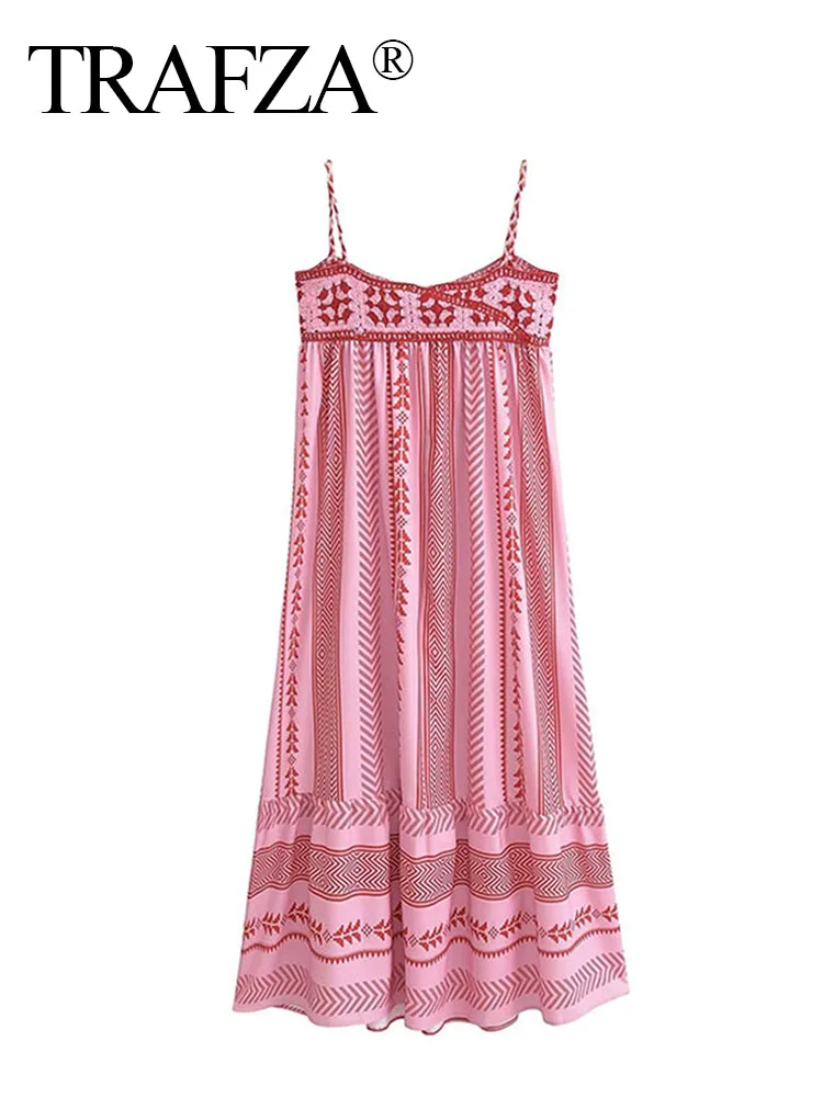 TRAFZA 2024 Female Pink Embroidery Dress Square Collar Sleeveless Backless Long Summer Dresses Woman Beach Style Women\'s Dress