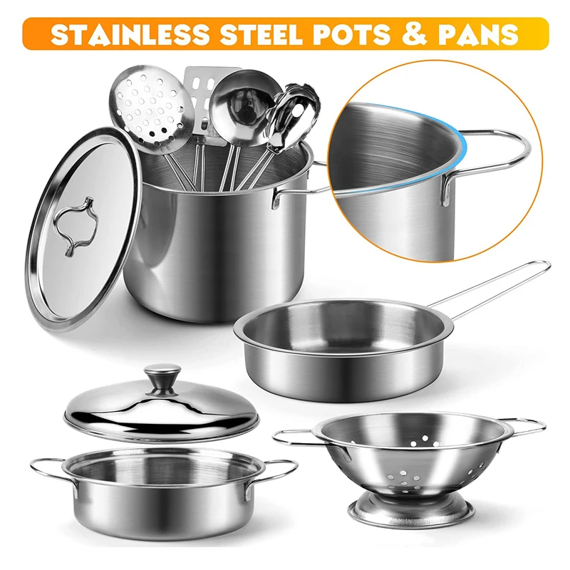 Jouets de casseroles en acier inoxydable pour enfants, ensemble de jeu de cuisine, ustensiles de cuisine, mini ustensiles de cuisine, jouets de développement