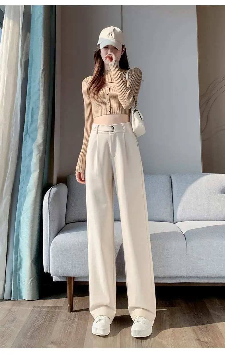Brown Woolen High-end Suit Pants for Women in Autumn and Winter 2023 New Narrow Version Straight Wide-leg Pants with Drape