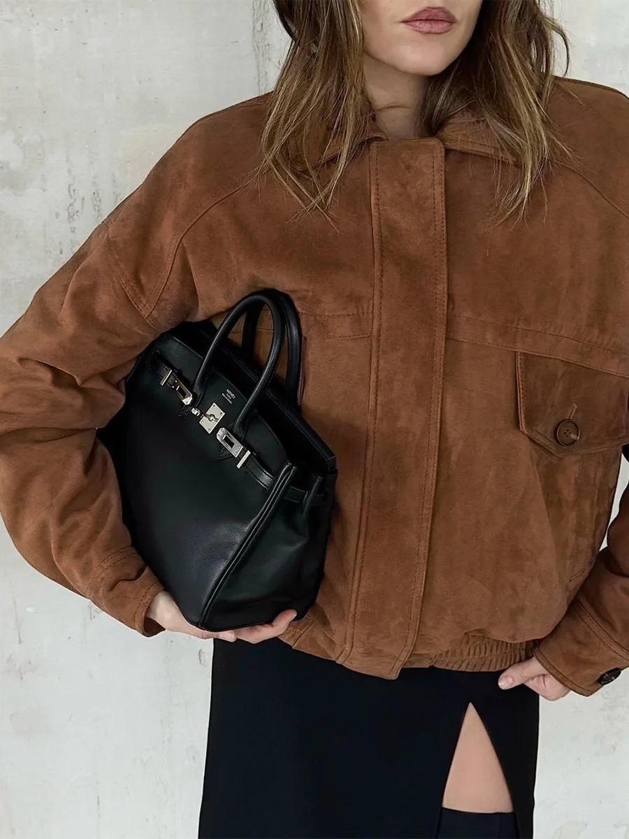 Brown Suede Like Lapel Jacket With Loose Shoulder And Elastic Hem, Retro Casual Fashion Jacket Forspring And Autumn Daily Wear
