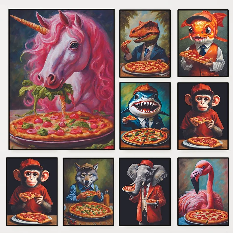 Ретро сюрреализм Животные Еда пиццы Плакат Пицца Заправка Еда Акула Единорог Волк Холст Картина Настенное Искусство Комната Домашний Декор