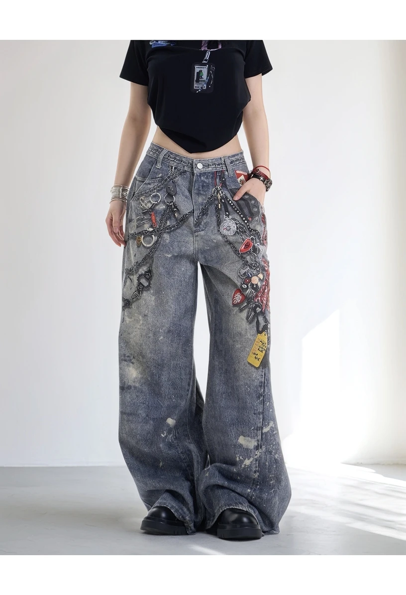 Chic moda pintada feminina 3d correntes impressas jeans americano retro cintura alta casual calças jeans feminino na moda estilo de rua