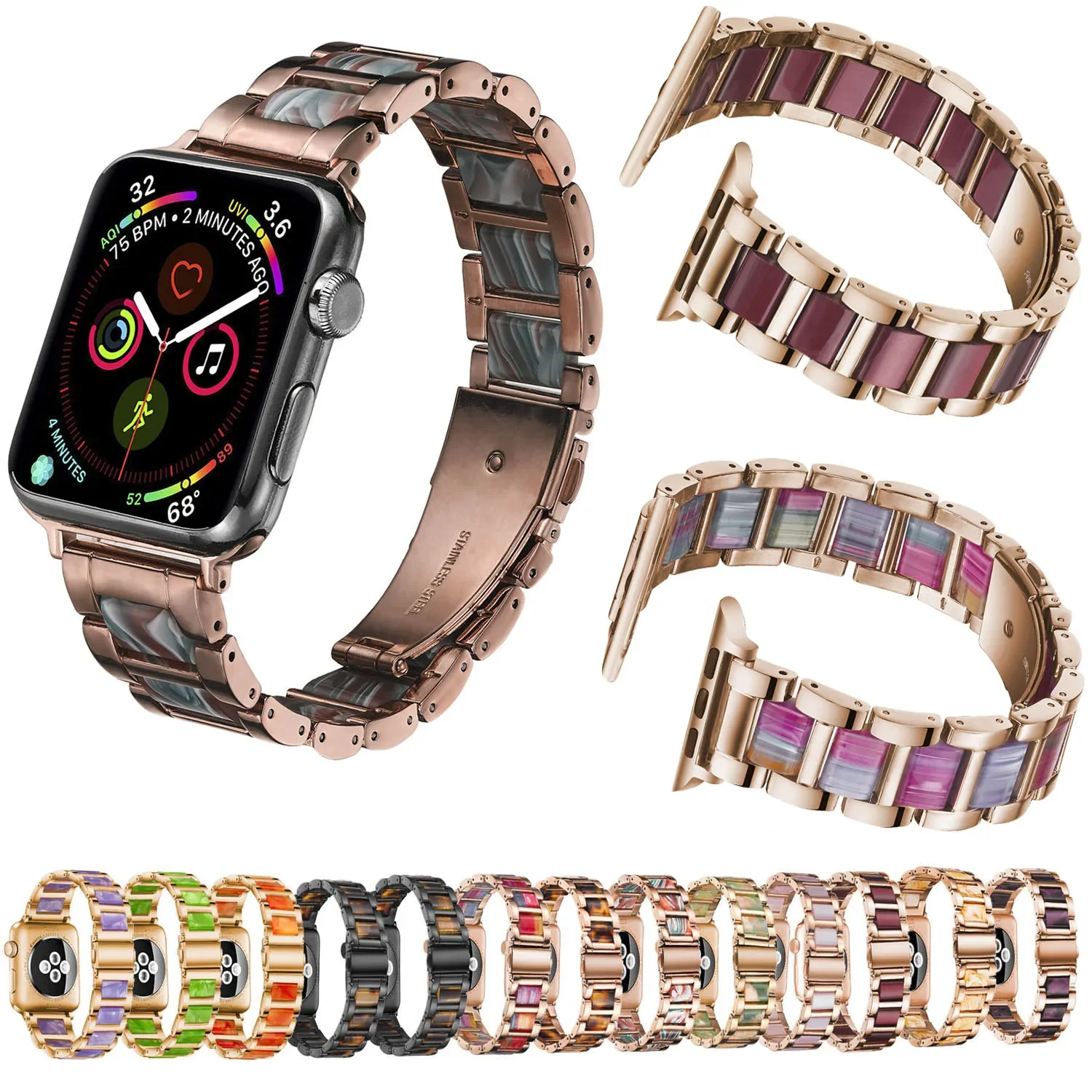 Resin Strap For Apple Watch Series 9 8 7 6 SE 5 4 3 Wristband For iWatch Band 49mm 40 41mm 44 45mm Stainless Steel Bracelet Belt