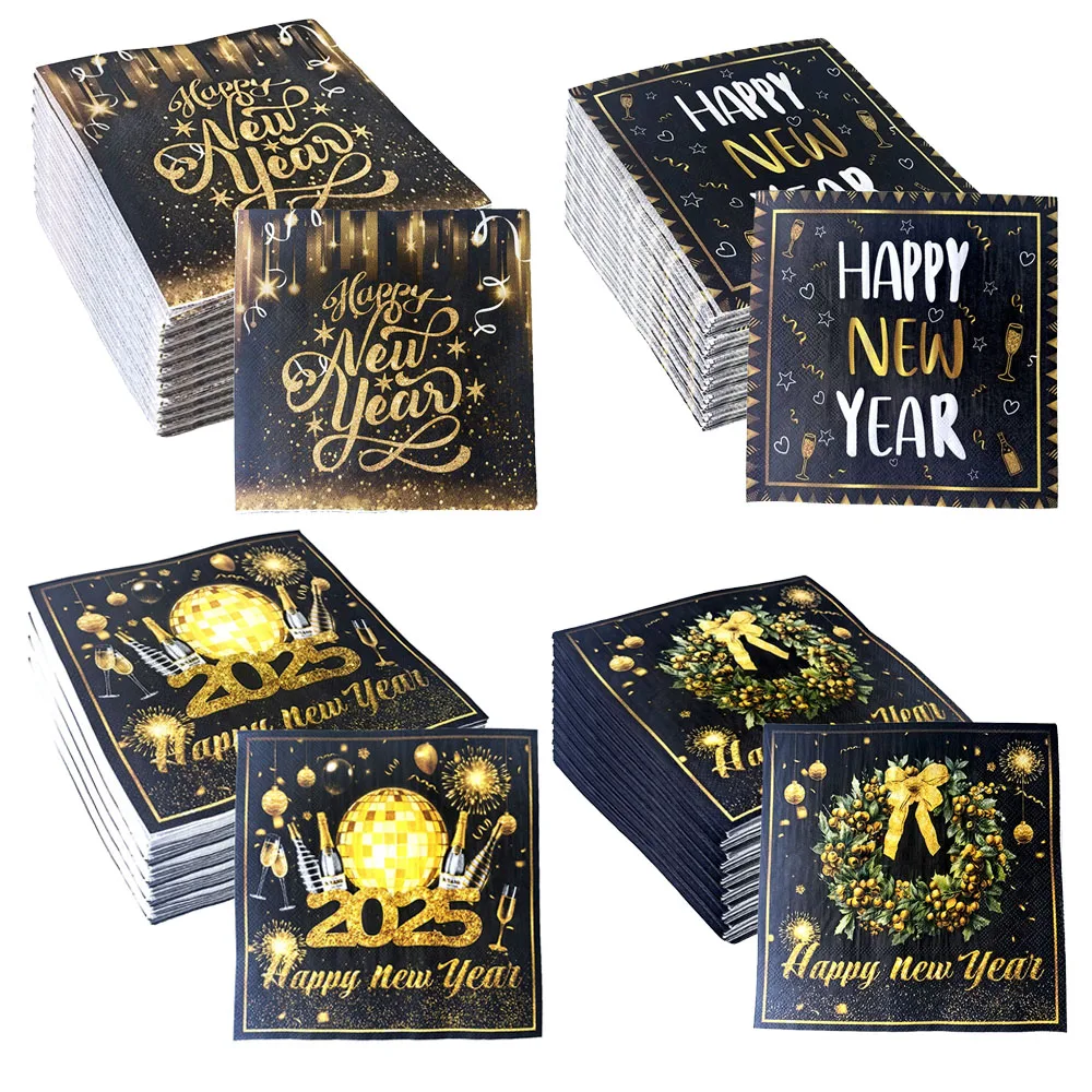 20/80/160pcs New Year Theme Disposable Paper Napkins Black Golden Happy New Year 2025 Party Decoration Supplies