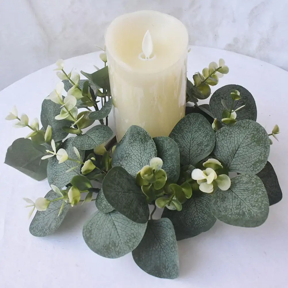 YOUZI 1PC Artificial Eucalyptus Candle Wreaths Lightweight Candle Ring For Farmhouse Wedding Table Party Home Decor