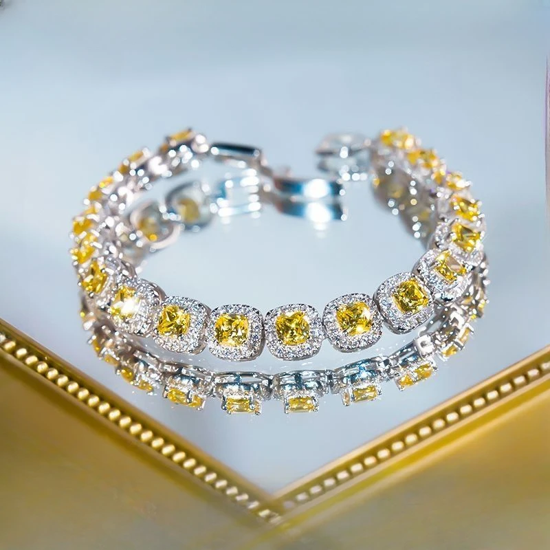 

UMQ 18K Platinum Yellow Square Diamond Rock Candy Bracelet Moissanite Light Luxury Fully-Inlaid Full Diamond Bracelet