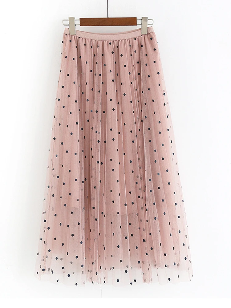 2023 New Spring Summer Ladies Polka Dot Long Skirt High Waist Casual Loose Pleated Skirt Female Elastic Waist Maxi Skirt