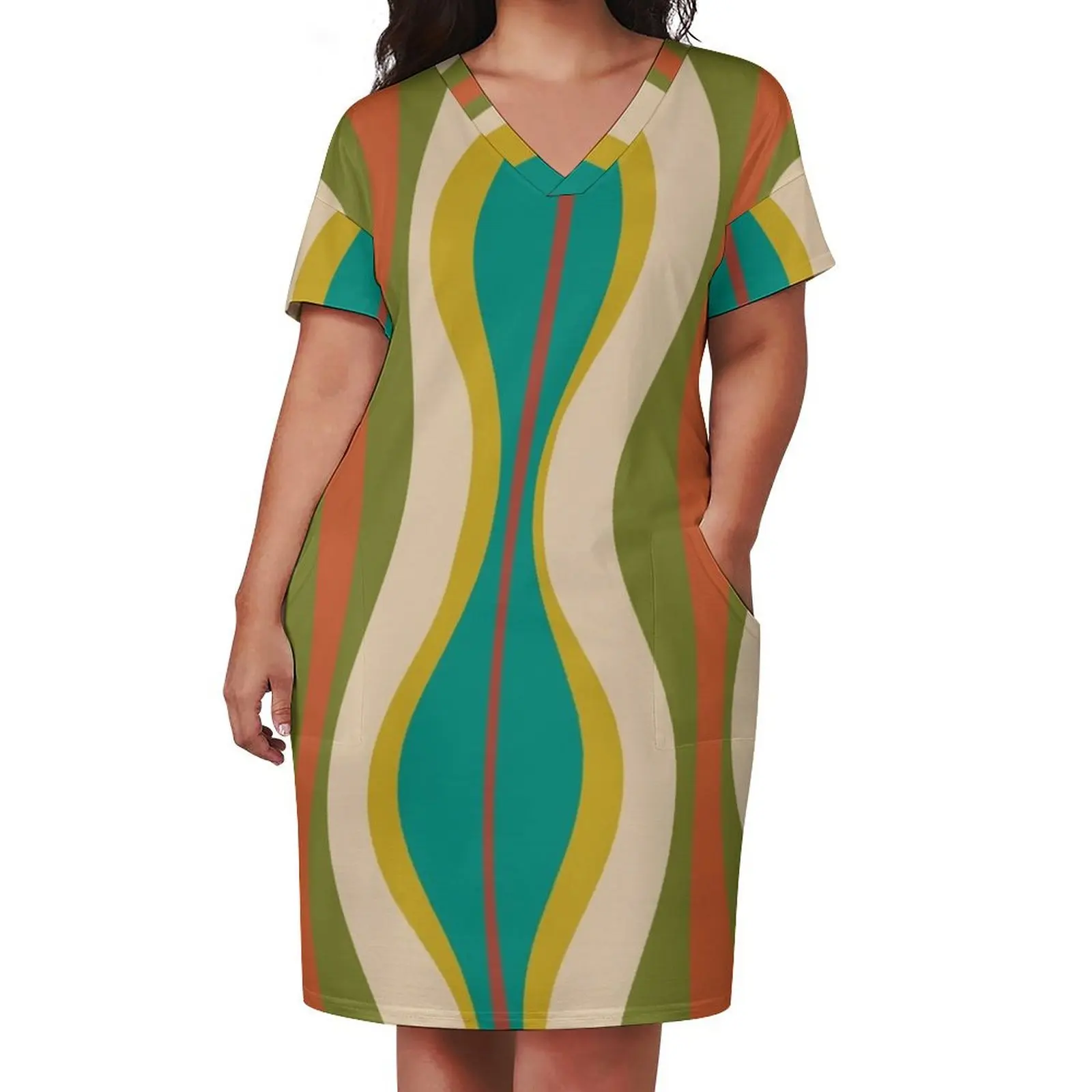 Hourglass Abstract Midcentury Modern Pattern in Turquoise Teal, Mustard, Orange, Olive, and Mid Mod Beige Loose Pocket Dress