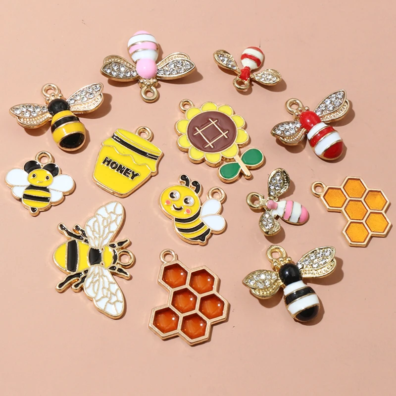 10pcs Enamel Flower Bee Honey Honeycomb Charms Pendant Alloy Metal for Necklace Earrings Bracelet DIY Jewelry Making Accessories