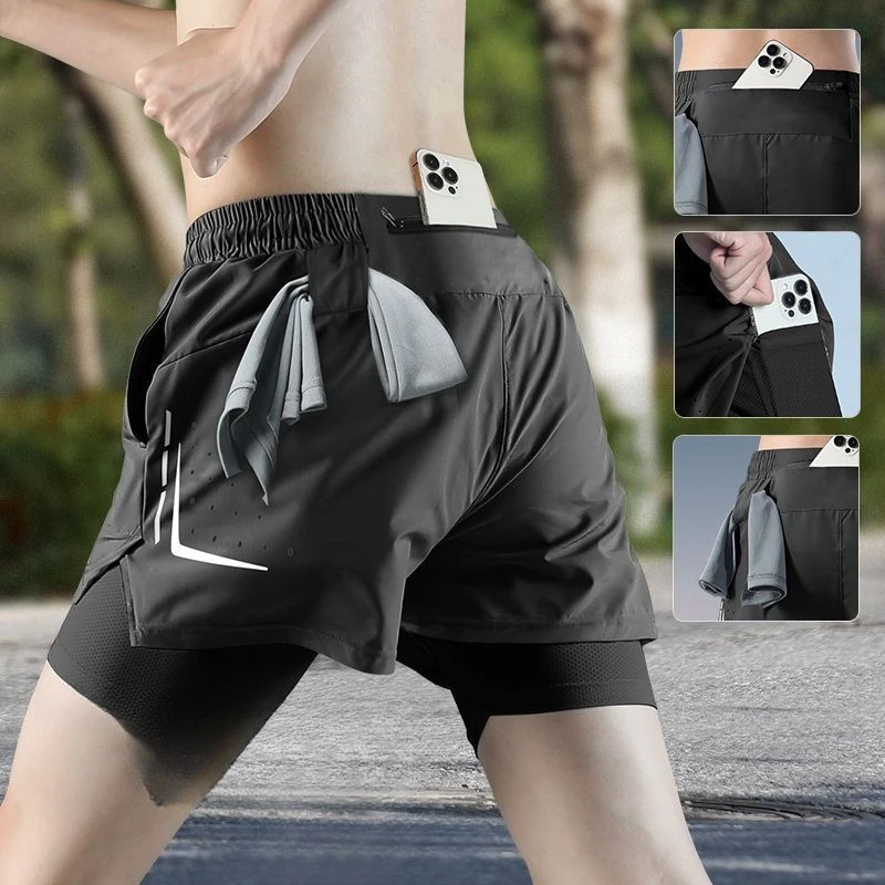Sport Running Shorts Male 2 in 1 Marathon Fitness Short Gym Man Basketball Workout Pants Multi-pocket Double Deck Sports Shorts