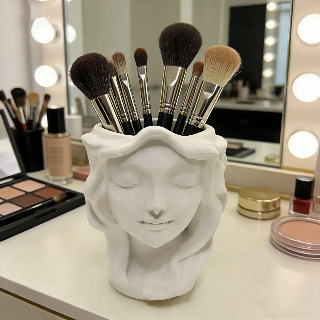 Wabi-Sabi-Stil Stifthalter mit schlafender Mädchenfigur, multifunktionaler Make-up-Pinselhalter, heilende Schreibtischdekoration