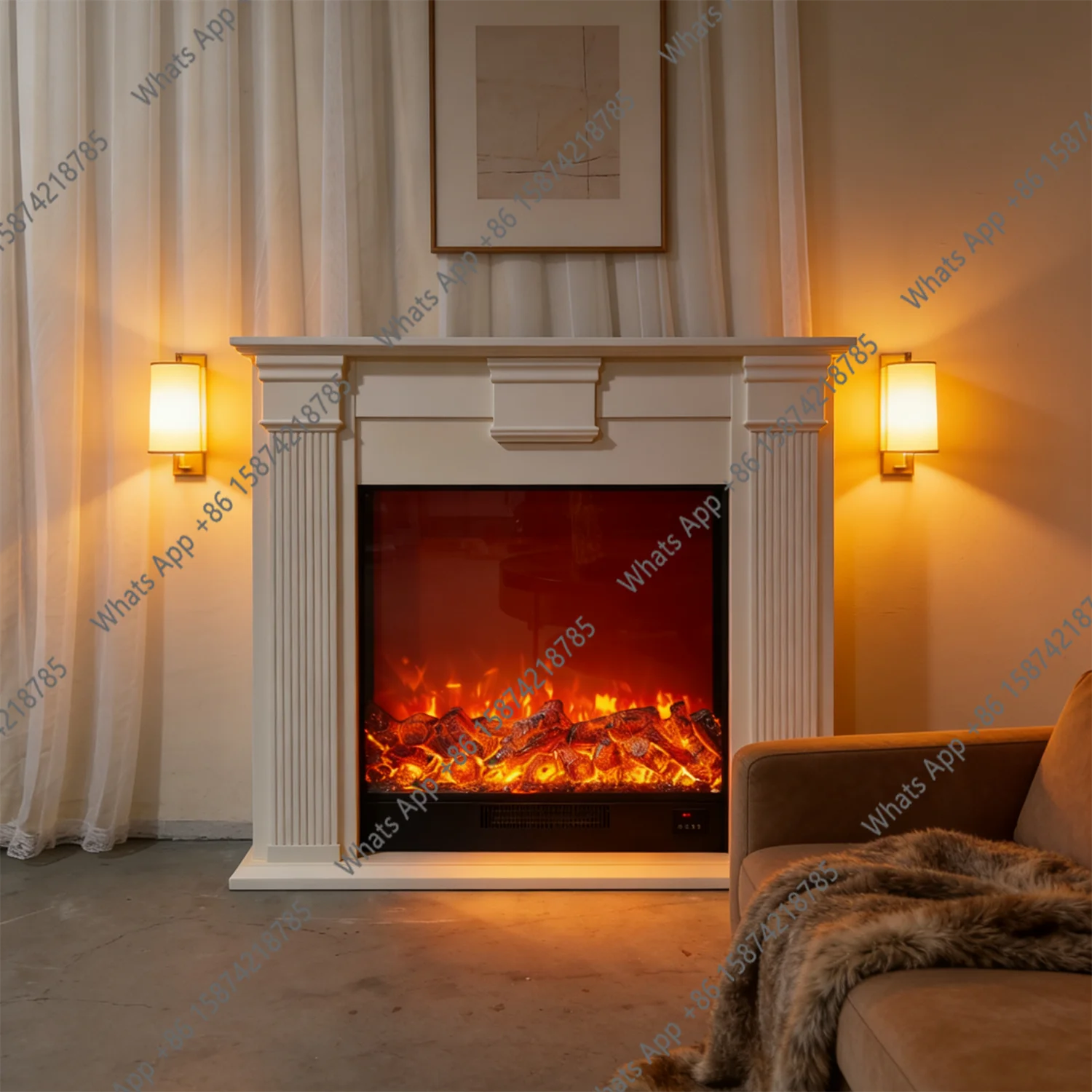 solid wood fireplace cabinet French cream style white entrance entrance electronic simulation fake flame decorative shelf