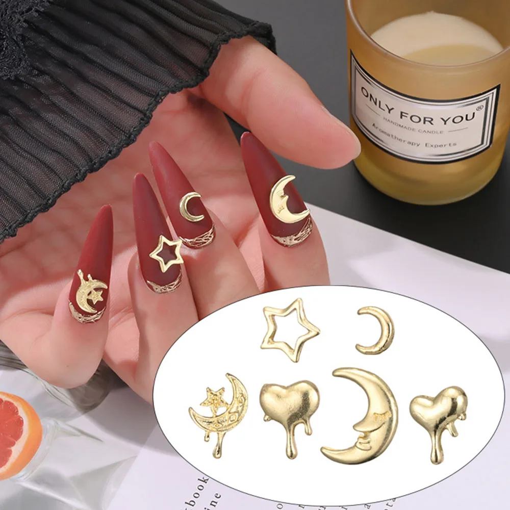 50Pcs Mix Alloy Moon Nail Art Charm 3D Gold Silver Moon Star Lava Heart Love Metal Nail Decoration DIY Nail Accessories Parts