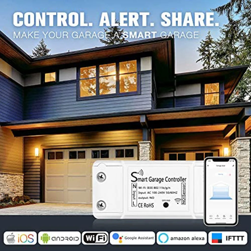 Tuya Garage Door Switch WiFi Smart Garage Door Opener Control Voice Gate Remote Controller Home Supplies, EU Plug