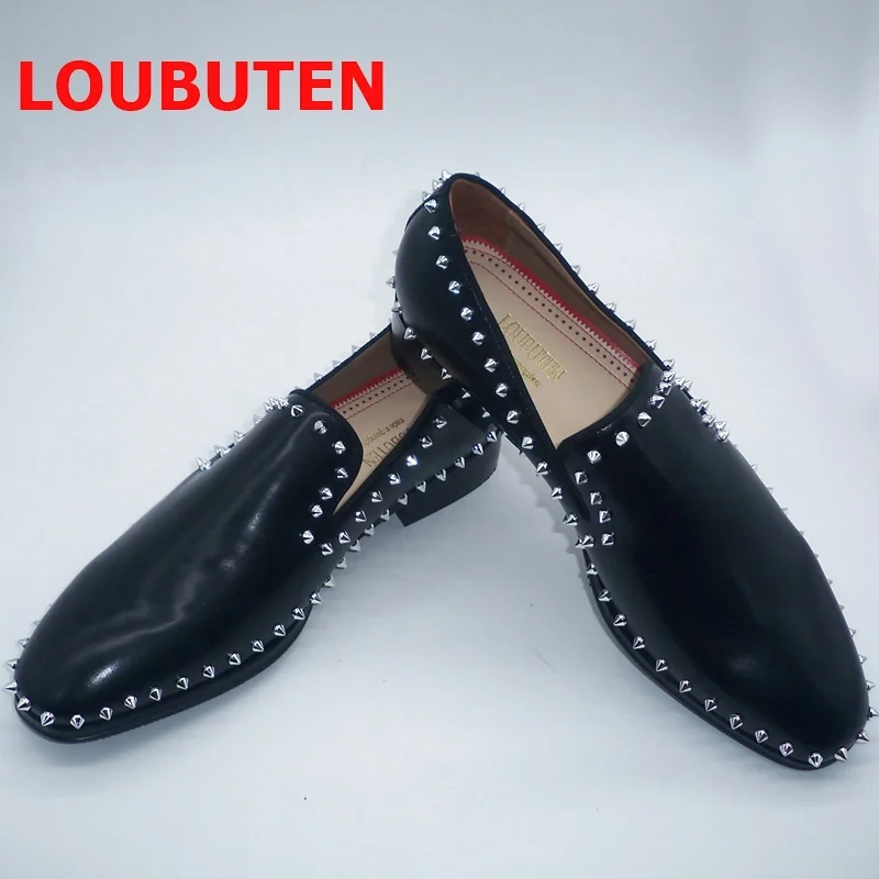 LOUBUTEN Genuine Leather Shoes Men Spiked Loafers Luxury Handmade Red Bottom Shoes Mens Dress Shoes Slip On Casual Shoes