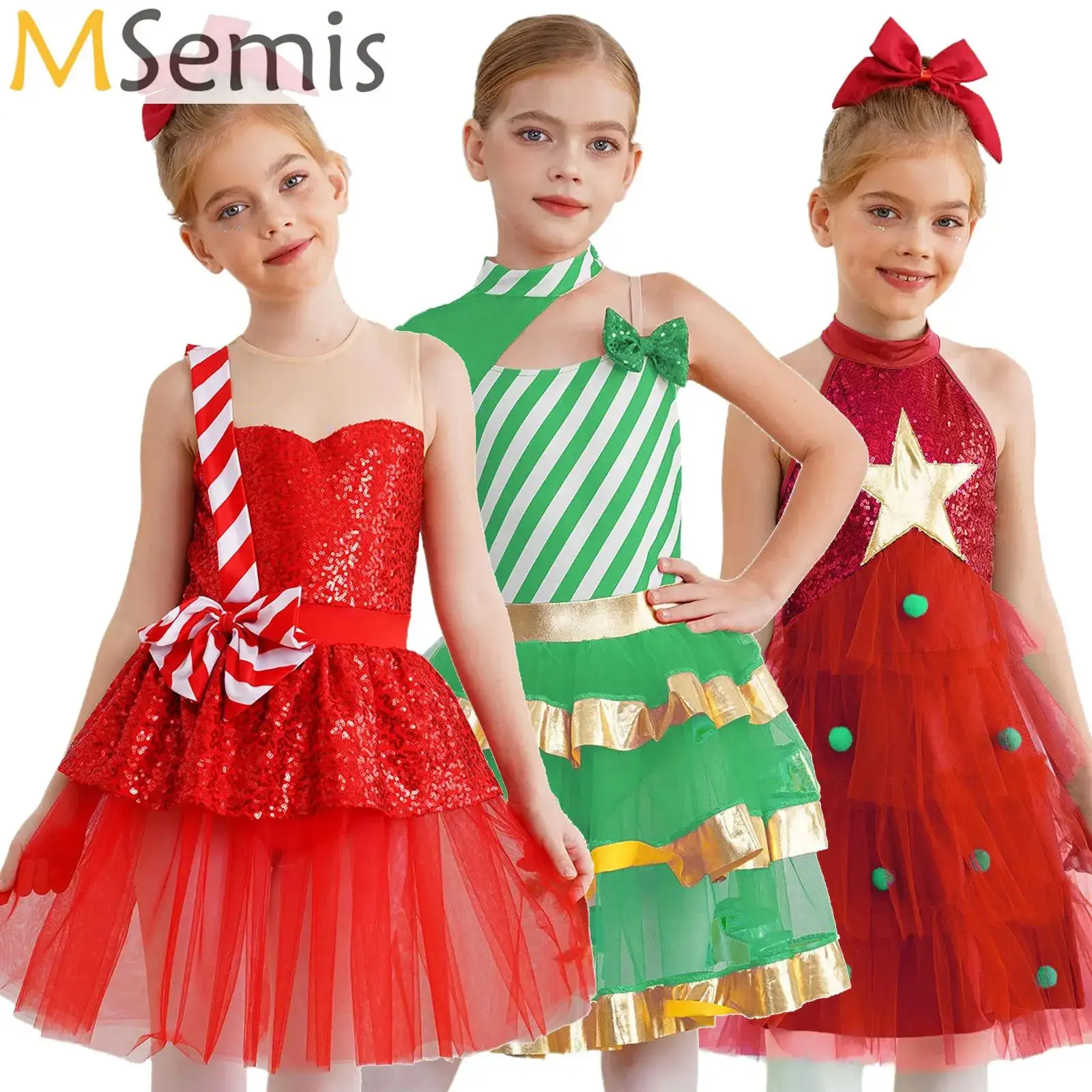 

Girls Sequins Stripes Ballet Dance Tutu Dress Bodysuit Christmas Holiday Party Candy Cane Elf Costume Performance Costume