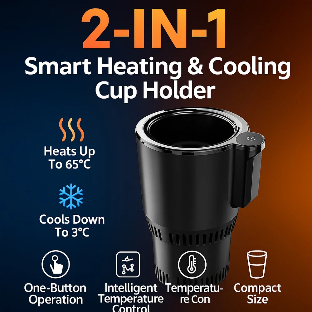 

2-in-1 Car Cup Holder Cooler Warmer 12V Smart Temperature Control Rapid Heating/Cooling Mug For Travel/Office/Home