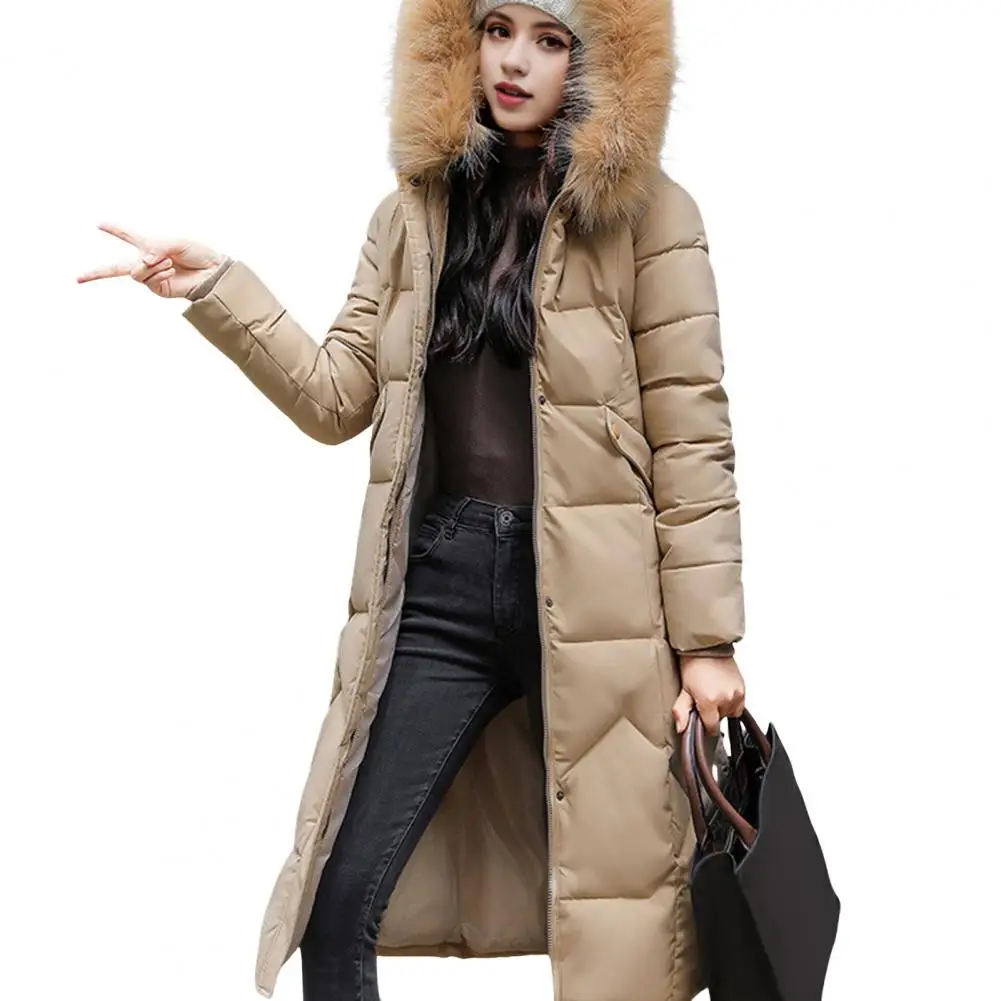 Women Cotton Jacket Winter Coat with Furry Hood Zipper Button Closure Slim Waist Knee Jacket