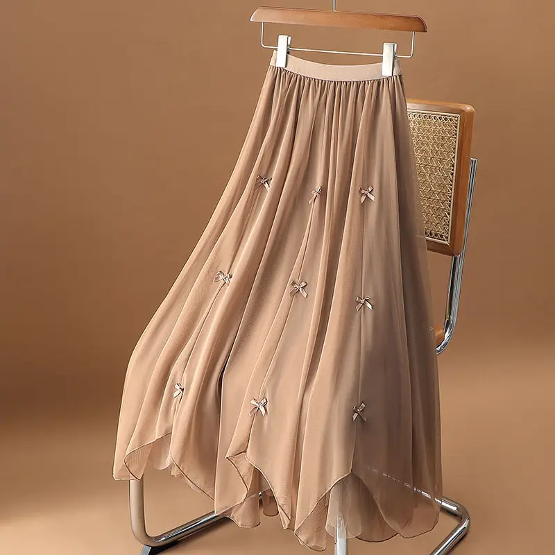 

Skirts Womens Spring Autumn Irregular Tulle Mesh Pleated Skirt Bow Female Summer High Waist Long Skirt