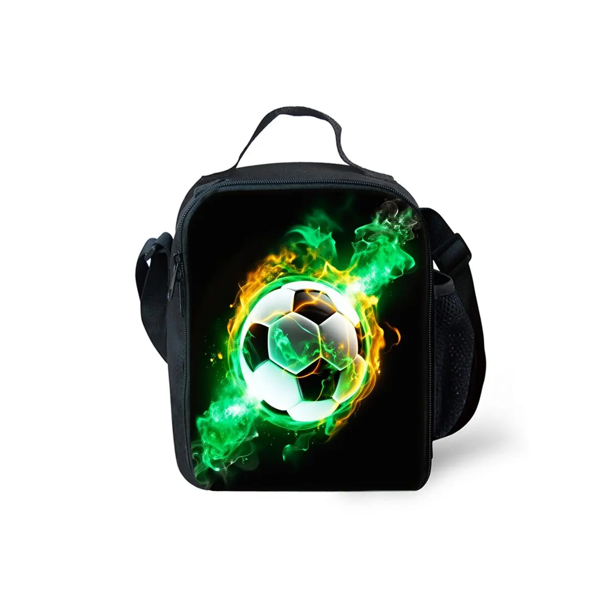 Coole, isolierte Lunch-Taschen mit Fußball-Aufdruck und Schultergurt, 2D-flache Cartoon-Picknick-Lunchbox-Tasche für Jungen/Mädchen, thermische Lunchbox-Tasche zur Lebensmittelkonservierung