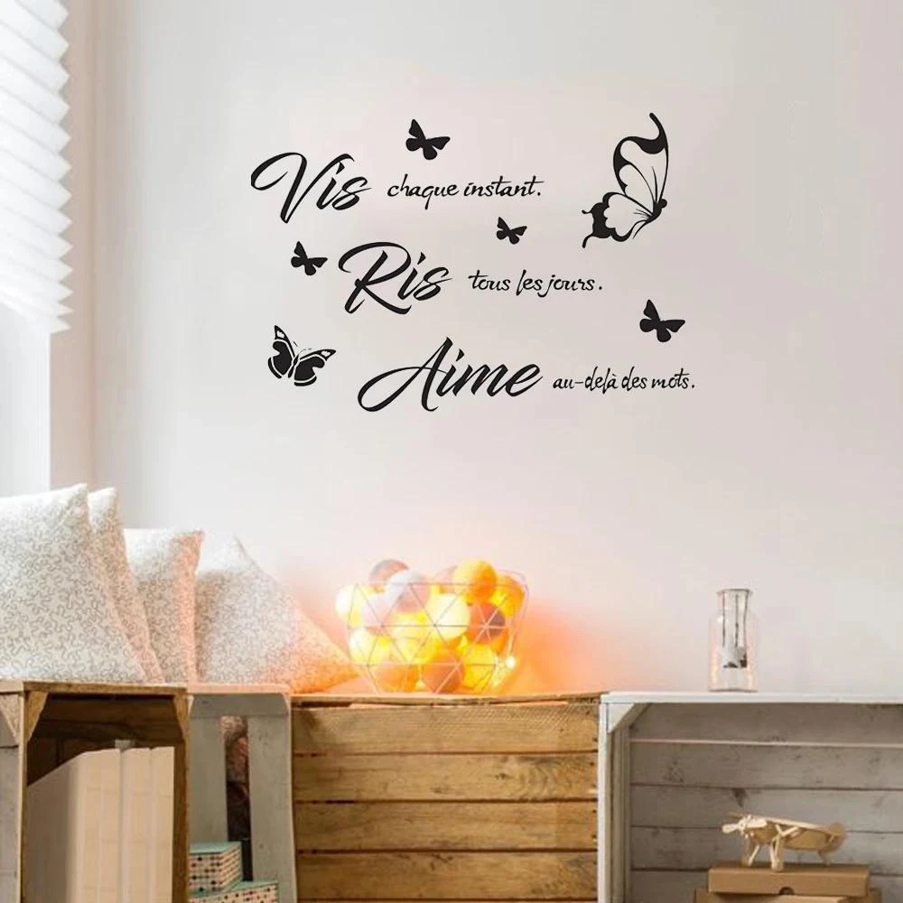 1 pc Vis Ris Aime Wall Sticker French Quote with butterfly Wall Sticker Self Adhesive Vinyl Waterproof Wall Art Decal for home