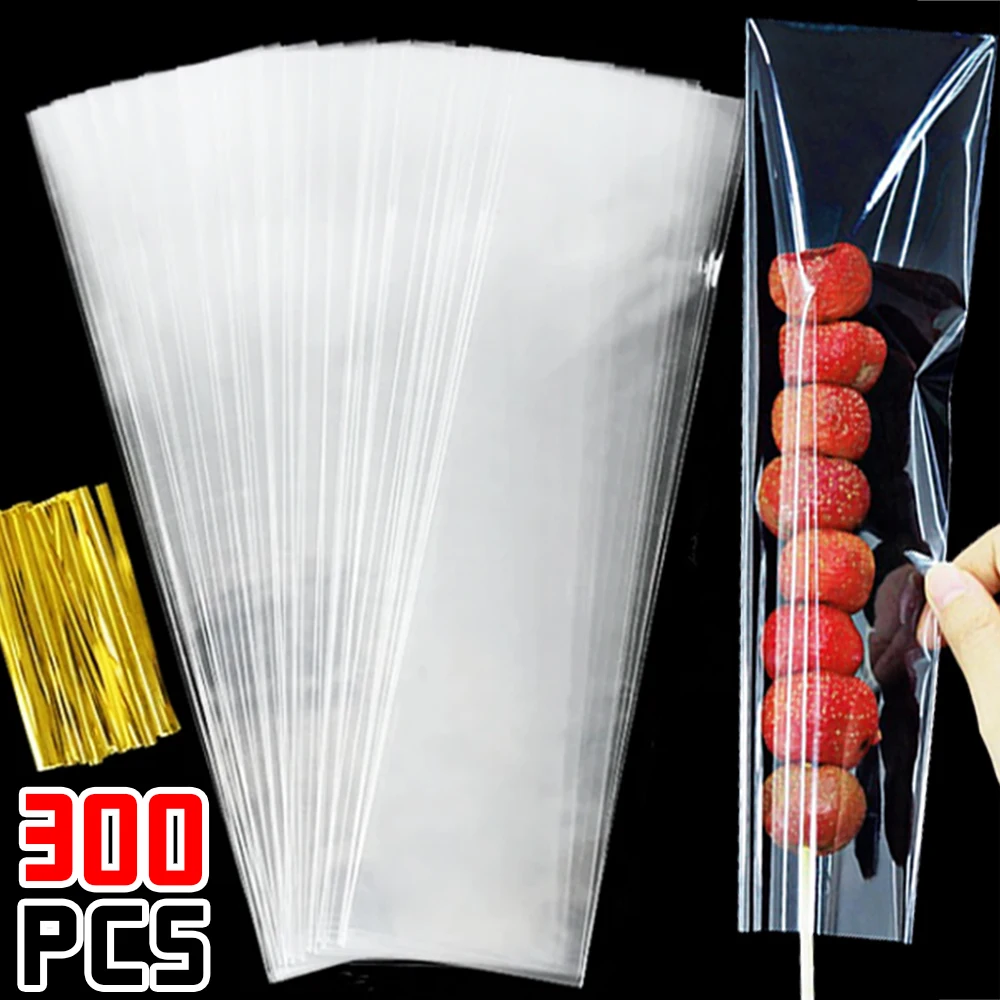 100/300x Clear Plastic Long Candy Treat Bags with Twist Ties Cookie Lollipop Food Gift Packaging Wedding Birthday Decor Supplies