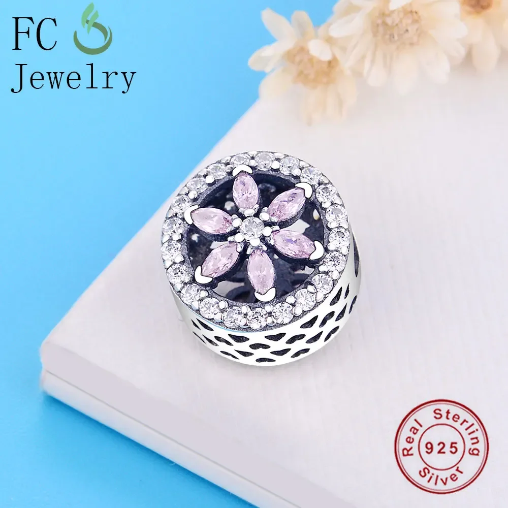 FC Jewelry Fit Original Brand Charms Bracelet 925 Sterling Silver Flower Pink Zirconia Crystal Stone Beads Making Berloque 2018