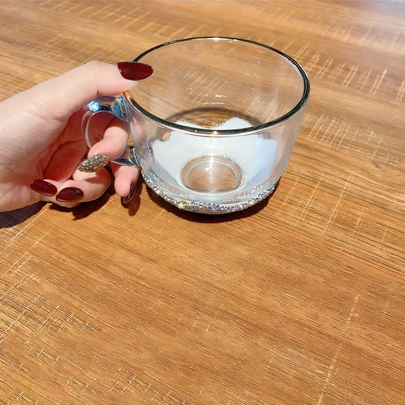 Sparkling Rhinestone Transparent Double-layer Glass Cup Large Capacity Breakfast Oat Bowl Fruit Salad Big Belly Cup Office Mug 3