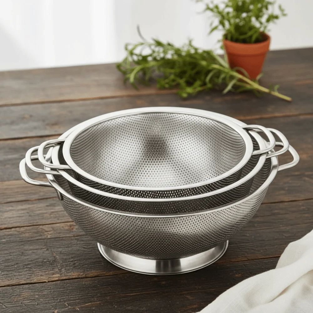 

Thickened Stainless Steel Colander Solid Ring Base Double Handle Vegetable Washing Basin Fine Mesh Filter Self-draining