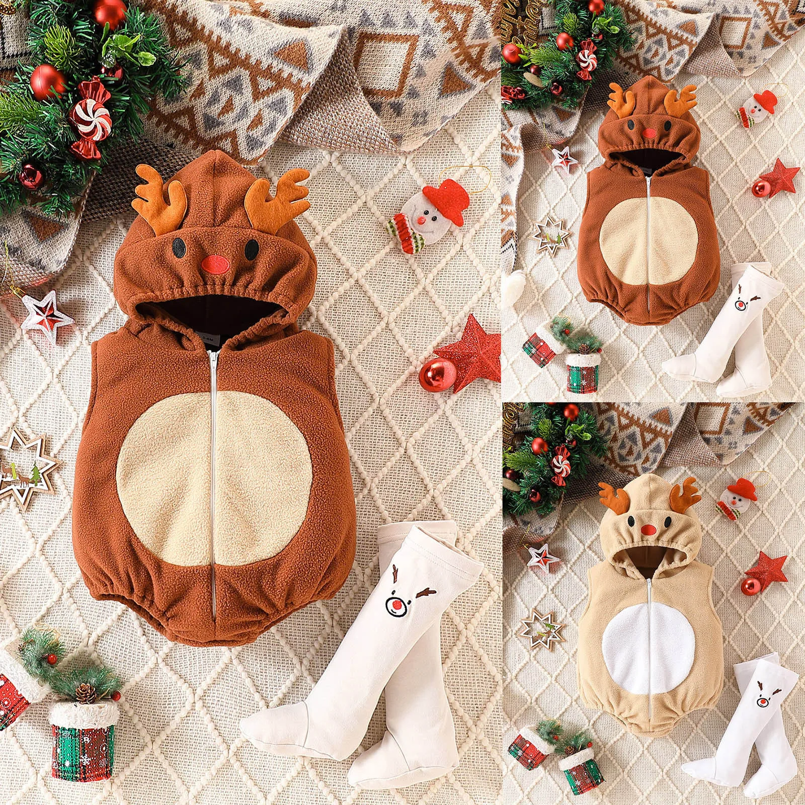 0-24M Newborn Baby Deer Cosplay Costume Sleeveless Hooded Zipper Romper With Leg Warmers Christmas Bodysuit For Boys And Girls