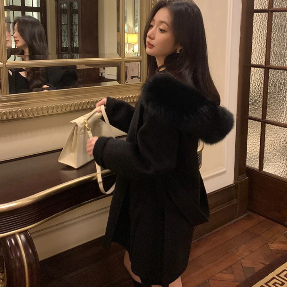 CXFS 2025 Autumn Winter New Natural Fox Fur Collar Hooded High-end Double-sided Cashmere Coat for Women Mid-length Woolen Jacket