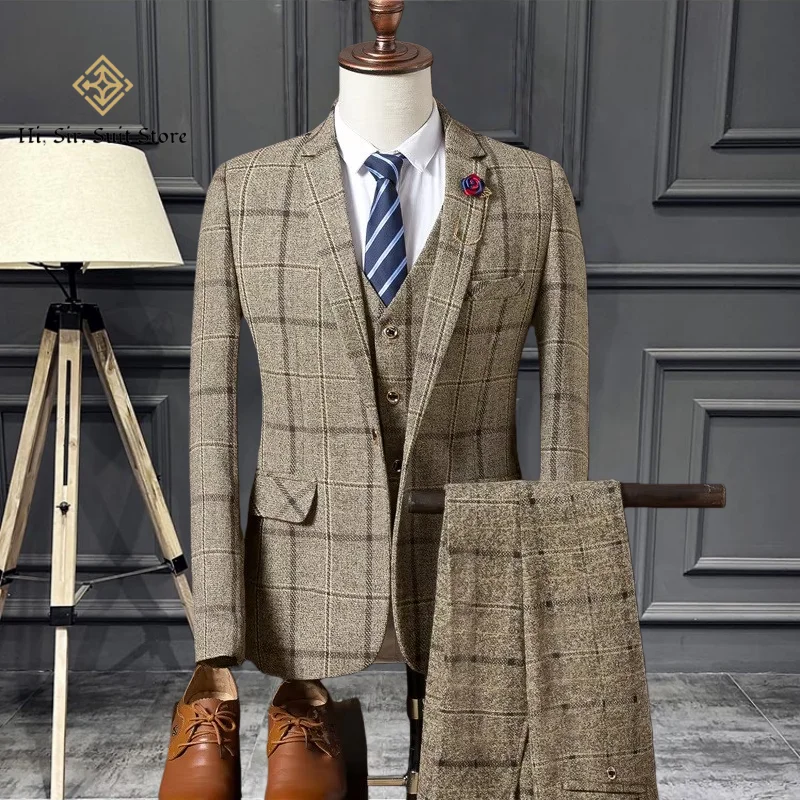 

Fashion Men's Suit Formal Groom Wear 3 Piece (Blazer+ Vest + Pants) Business Gentleman Wedding Casual Plaid Cotton Linen Jacket