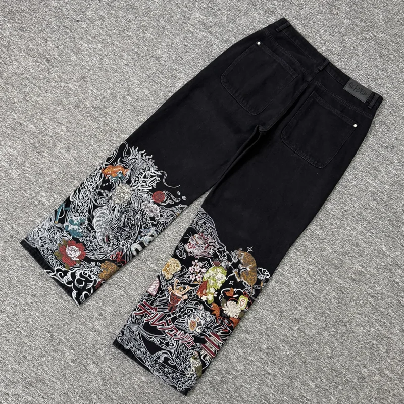 New Black Washed Japanese Dragon Tiger Embroidery Baggy Jeans Y2K Streetwear Derschutze Denim Pants