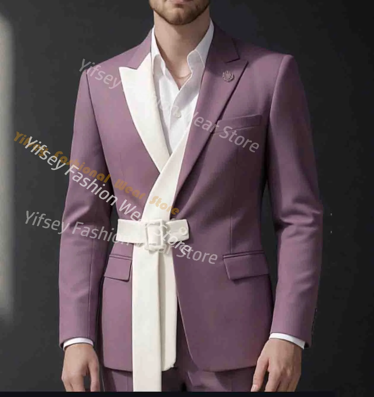 

Purple Ivory Splicing Coat Men Suit Double Slit Designer Style Social Male Blazer Trousers Coat Tailored Jacket Boyfriend 2pcs