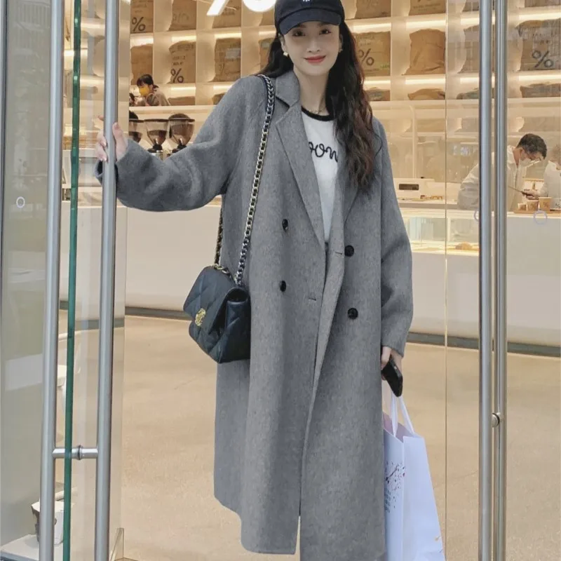 Korean Style Gray Cashmere Coat for Women New Thickened Woolen Sense Hepburn