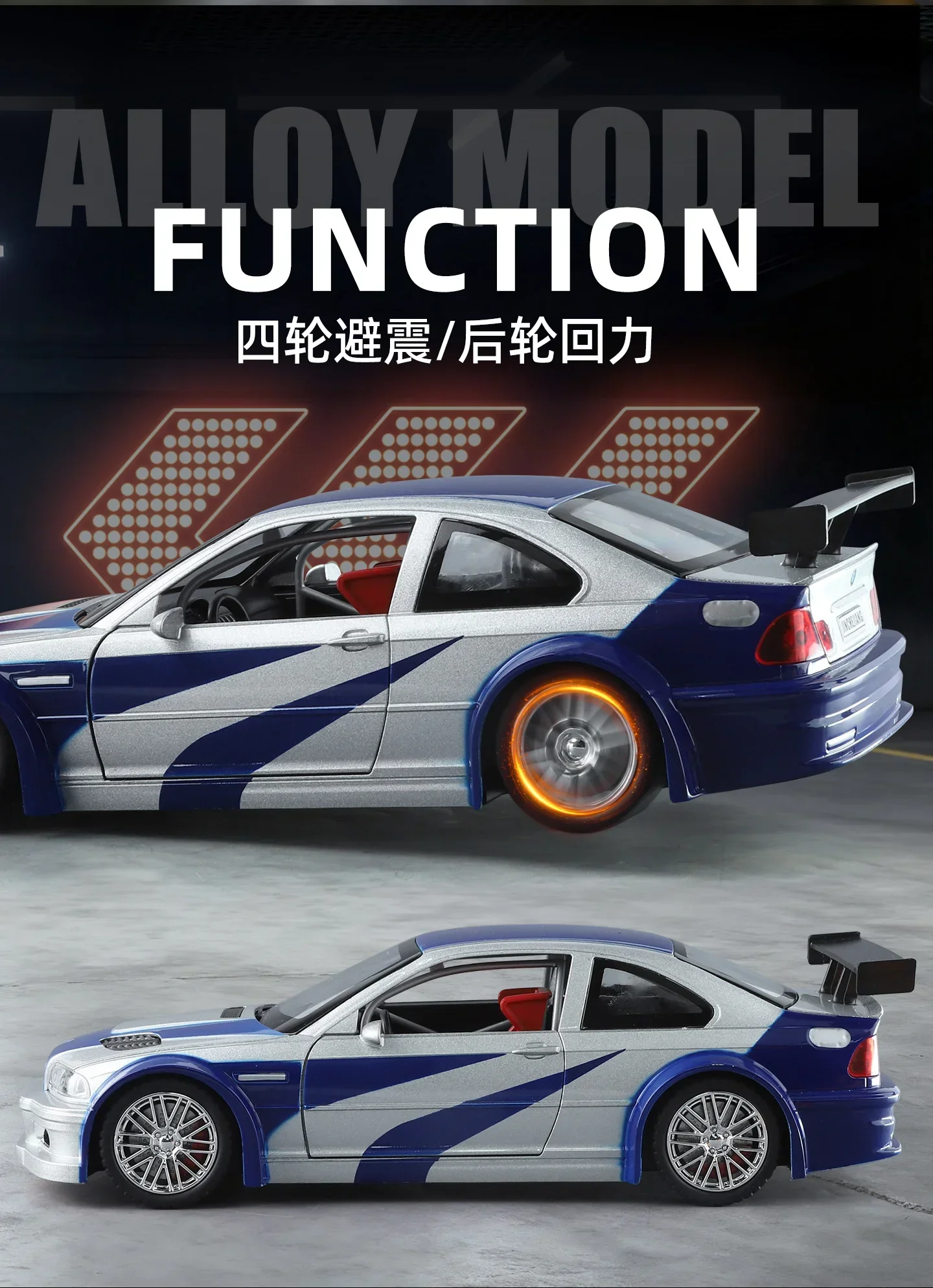 1:24 M3 GTR E46 Racing Alloy Metal Diecast Model Car Sound and Light Pull Back Collectibles Hobby Birthday