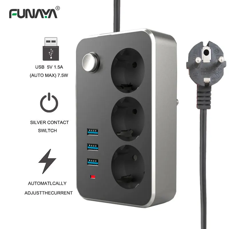 

EU Power Strip Sockets 6 Outlets with 2.1A 3 USB Ports Sockets German 10A 16A 110/220v Charging Multi-function 2500w Table Soket