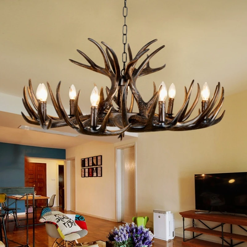 Retro Deer Horn Pendant Light Resin Deer Horne Antler Chandelier Dining Room Hotel Dining Table Decoration