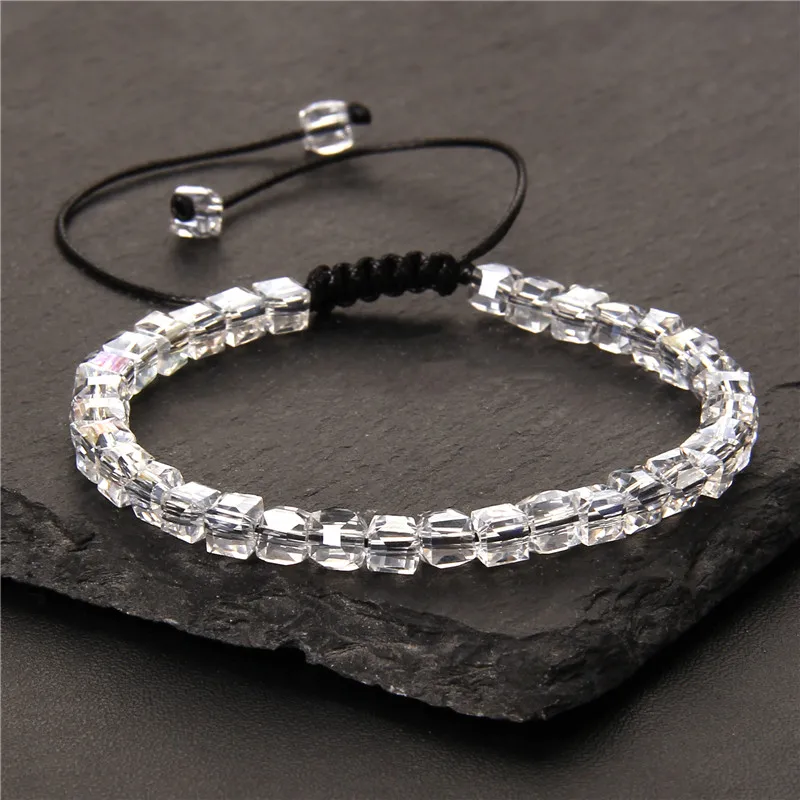 White Transparent Square Austrian Crystal Bead bracelet Minimalist Men Women Adjustable braided rope Glass bracelet jewelry