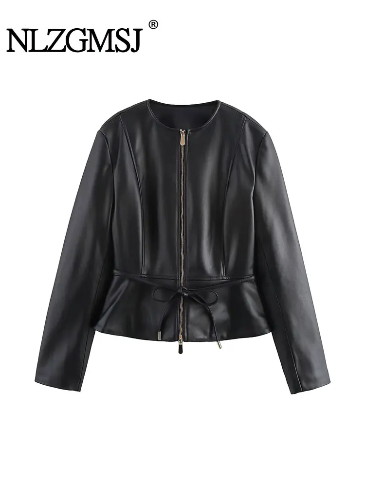 

Винтажные повседневные шикарные женские куртки из искусственной кожи с поясом на молнии и круглым вырезом с карманами, новые модные офисные женские куртки