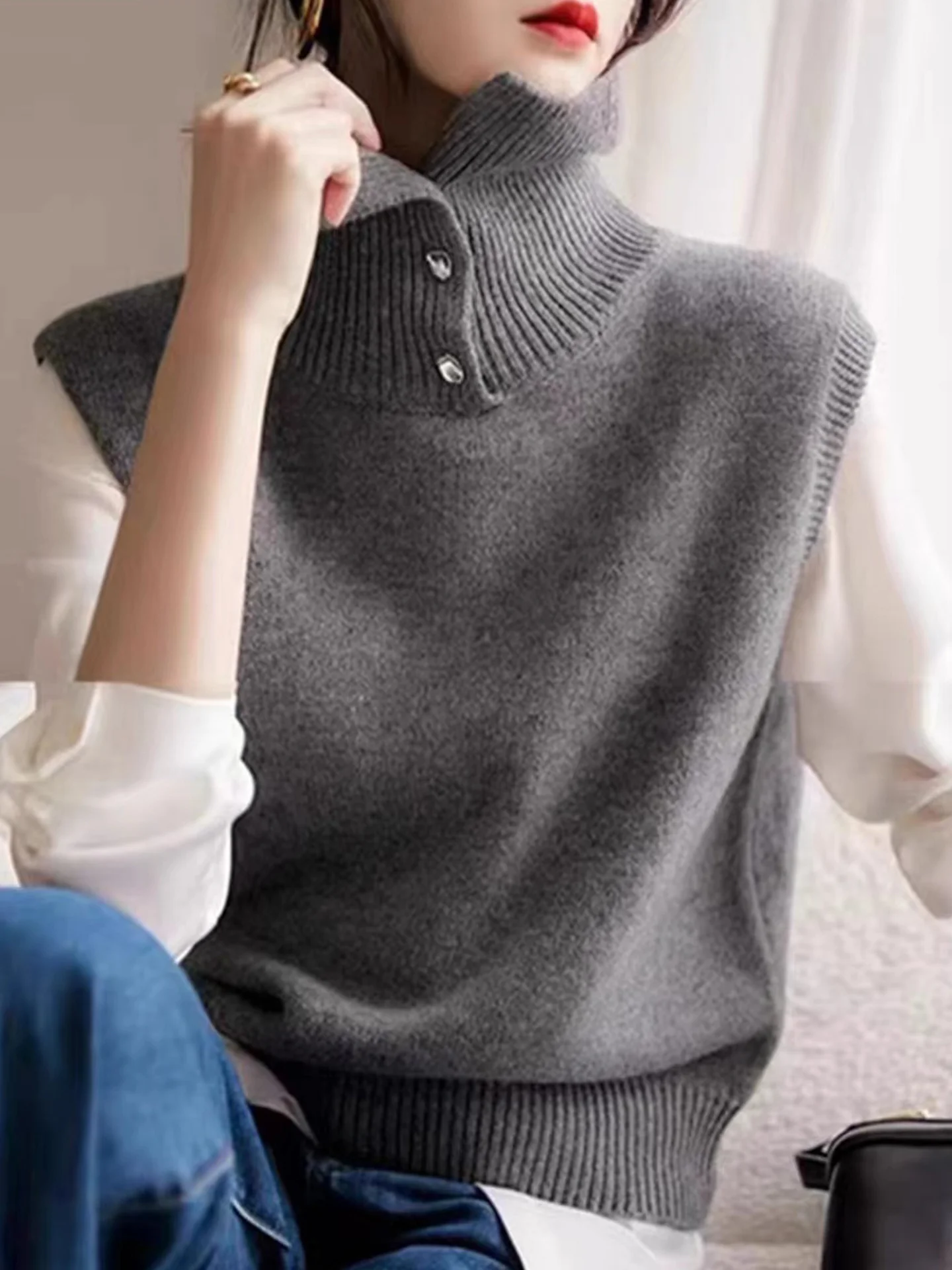 

Жилет для поездок на работу Thiened Camere с высоким воротником, однотонный корейский жилет, женская модная осенне-зимняя одежда