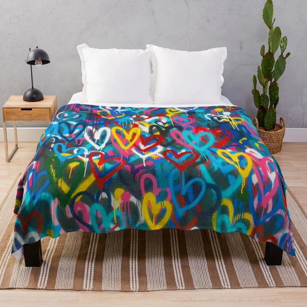 Graffiti Urban colorful graffiti city wall chaotic hearts pattern painting grunge rainbow love Throw Blanket